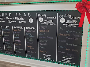 Dandridge Lakeside Nutrition loaded teas chalkboard menu listing lime, orange and tropical flavors